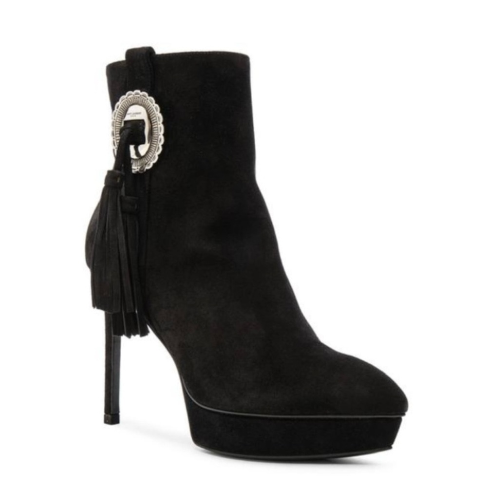 Saint Laurent Janis Concho Ankle Boots Size 37 Black Suede Platform Tassel - Picture 12 of 12